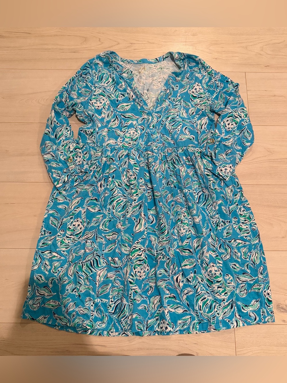 Lilly Pulitzer Teal Floral Long-Sleeve V-Neck Dress